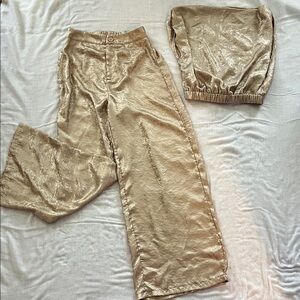 SHEIN Metallic Gold Wide-Leg Pants and Bandeau Set